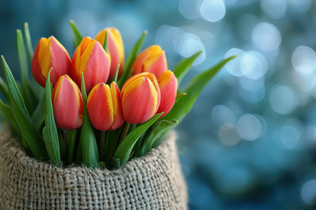 Tulips in burlap on blue background