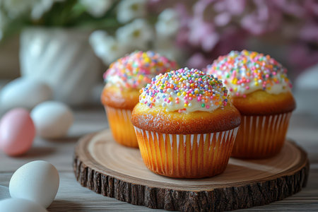 Colorful cupcakes on a wooden platter