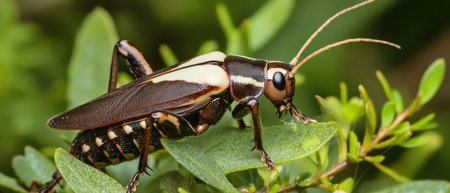 Close up view of a cricket on green leaves