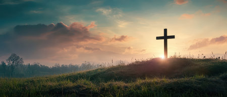 Cross stands against a vibrant sunset backdropの写真素材