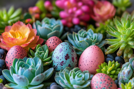 Colorful easter eggs nestled among succulents