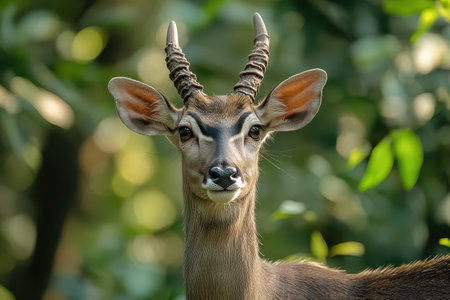 A close up view of a deer displaying its unique antlers amidst lush green foliage on a sunny day in the forest.の写真素材