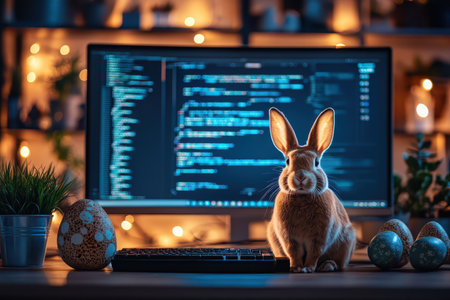Cute rabbit sitting in front of computer at nightの写真素材