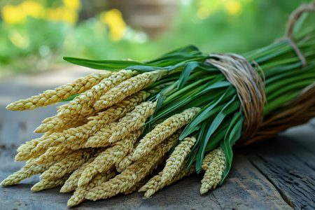 Wheat bundle tied with twine on woodの写真素材