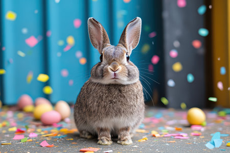 A fluffy rabbit sits on the ground among scattered confetti and decorative eggs during a festive celebration in spring.の写真素材
