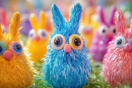 Brightly colored bunnies made of fluffy materials are arranged for a festive celebration creating a joyful and vibrant atmosphere.の写真素材