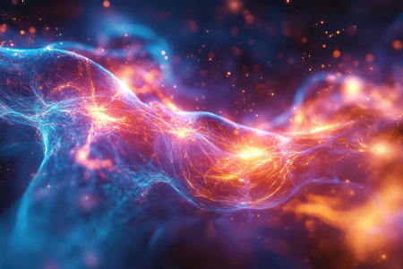 Bright colors and intertwining patterns create an enchanting cosmic landscape filled with swirling...