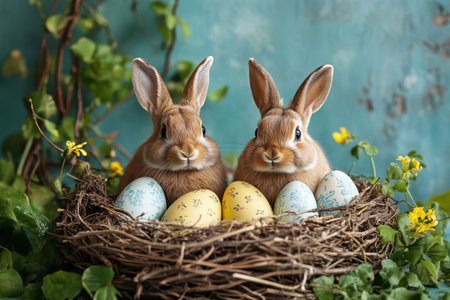 Rabbits in a nest with colorful easter eggs