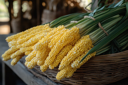 Ears of yellow corn are displayed in a woven basket showcasing a vibrant harvest on a sunny day at a...