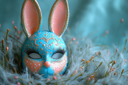 Bunny eared mask on grassの写真素材