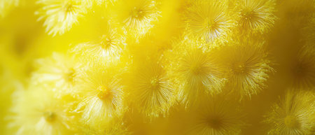 Close up view of vibrant yellow fluffy flowers blooming in a lush green environment during springtime showcasing their delicate textures.の写真素材