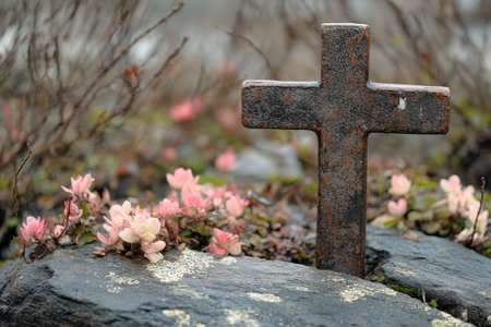 Cross amidst flowers on a rocky surface in natureの写真素材