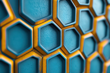 This vibrant surface features a detailed arrangement of hexagonal shapes in shades of blue and orange creating a striking visual effect.の写真素材