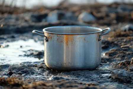 A metal pot sits abandoned on rocky terrain near calm water reflecting sunlight as nature surrounds it during the quiet evening.の写真素材