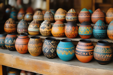Colorful pottery displayed at a market stall