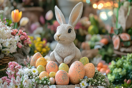 Easter decorations with rabbit and colorful eggs