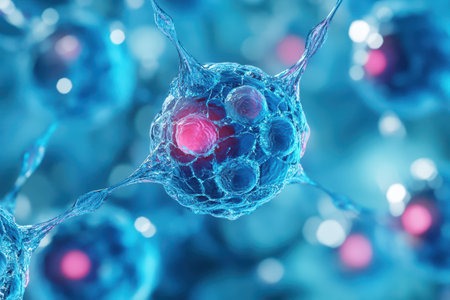 Colorful biological cells are shown under a microscope in a laboratory environment showcasing their intricate structures and activity.の写真素材