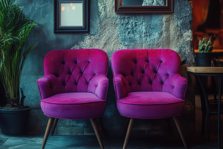Two plush pink armchairs are arranged against a textured wall. A plant and table add charm to this inviting indoor space.の写真素材