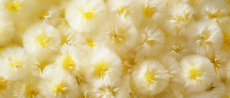 Fluffy white flowers with yellow centers bloom vibrantly under bright sunlight in a natural setting creating a serene atmosphere.の写真素材