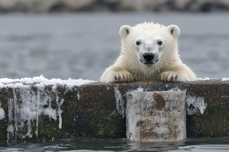 A curious polar bear peers over a barrier by the water showcasing its natural habitat.の写真素材