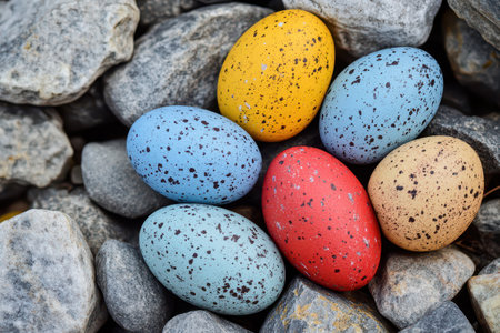 Colorful eggs on pebbles outdoorsの写真素材