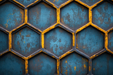 Hexagonal pattern made from weathered blue and yellow materials showcases a rustic industrial design that attracts attention.の写真素材