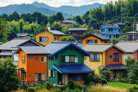 Brightly colored houses are nestled in a serene countryside landscape surrounded by hills and greenery showcasing a charming rural atmosphere.の写真素材