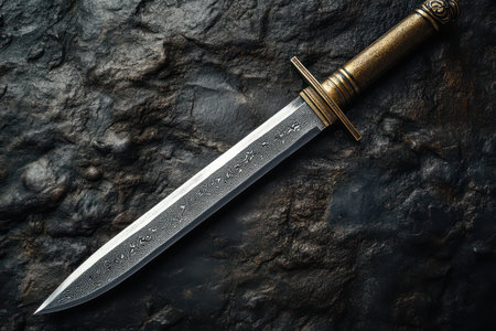 A traditional dagger with intricate designs rests on a textured stone surface highlighting its craftsmanship and material.の写真素材