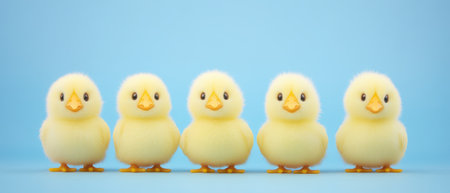 Chicks in a row on blue backgroundの写真素材