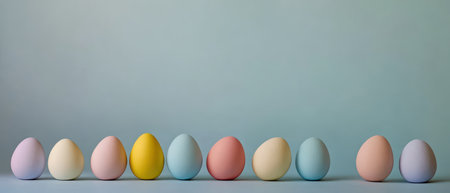 Colorful eggs arranged in a line on a tableの写真素材
