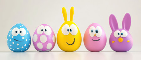 Colorful Easter eggs and bunnies arranged in a rowの写真素材