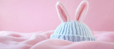 Cute and cozy blue bunny hat on soft pink fabric