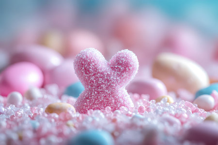 Sweet pink bunny shaped candy surrounded by treats