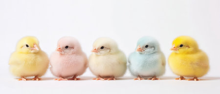 Colorful baby chicks standing in a rowの写真素材