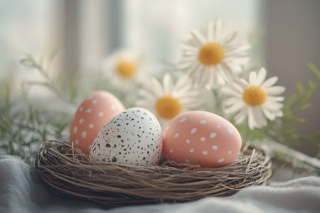 Colorful eggs in a nest with flowers nearbyの写真素材