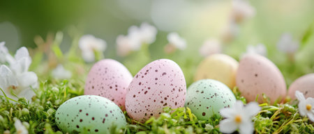 Colorful speckled eggs nestled in spring flowers
