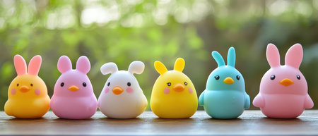 Colorful rubber bunnies and birds