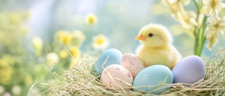 Chick snuggled in colorful spring eggs
