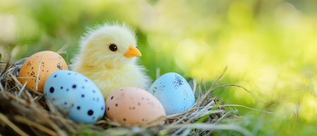 Eggs and a chick in a nest on a bright day