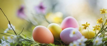 Colorful eggs arranged in a spring floral setting