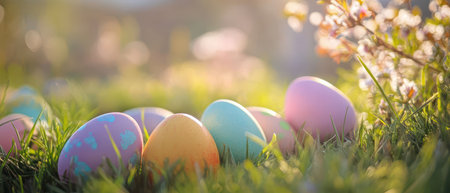 Colorful easter eggs placed on grass in sunlightの写真素材