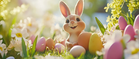 Cute rabbit among colorful eggs in a spring gardenの写真素材