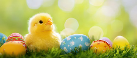 Chick with colorful spring eggs