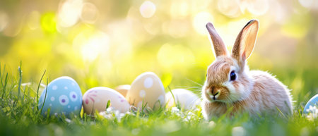 Cute rabbit among pastel colored Easter eggs