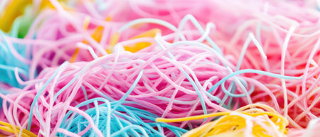 Vibrant strands of pastel noodles create a playful and visually appealing arrangement showcasing...