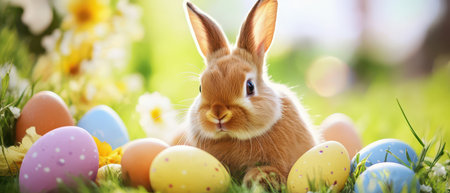 Cute rabbit surrounded by colorful eggs in spring