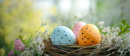 Decorated eggs in a flower nest