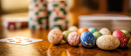 Easter eggs by playing cards on table