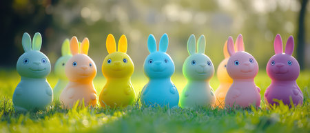 Colorful plastic bunnies displayed on the grassの写真素材