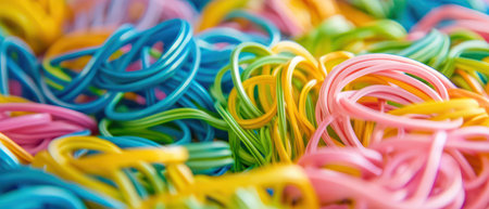 A vibrant collection of rubber bands in multiple colors is scattered across a flat surface showcasing their variety and arrangement.の写真素材